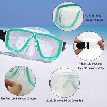 Комплект для дорослого підводного плавання з ластами, маскою для дайвінгу, трубкою сухого типу та сумкою для перенесення, колір аквамариновий, розмір S/M (36-41)