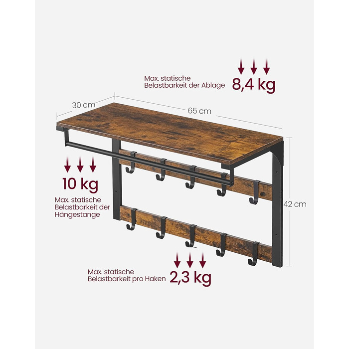 Настінна вішалка VASAGLE, з полицею, настінна полиця з 10 знімними гачками, підвісна полиця, настінне кріплення, 2 вішалки, вішалк