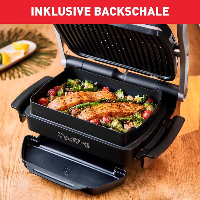 Контактний гриль Tefal OptiGrill & Bake з деком для випікання, 6 програм, індикатор рівня приготування, знімні пластини, електричний гриль, нержавіюча сталь, GC714D10, срібло