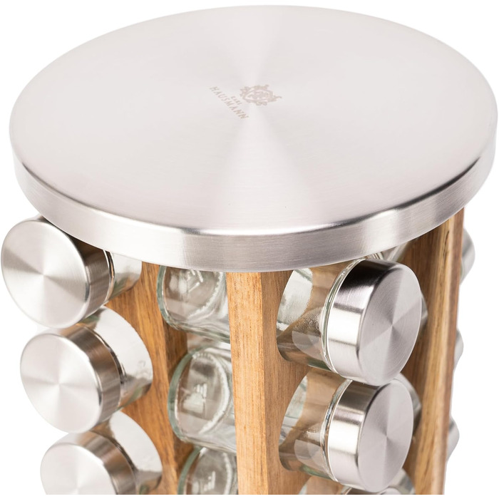 Обертова карусель для спецій з 20 баночками для спецій - Кругла карусельна підставка для спецій - Органайзер для спецій - Підставка для спецій з нержавіючої сталі та дерева - Обертова карусель для спецій - Дерев&39яна підставка для спецій 20 x 20 x 31 см