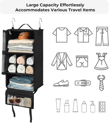 Підвісний органайзер для валізи з 3 відділеннями, складаний органайзер для гардеробу, портативна дорожня полиця, чорний підвісний органайзер-шафа, портативний підвісний дорожній органайзер середнього чорного кольору
