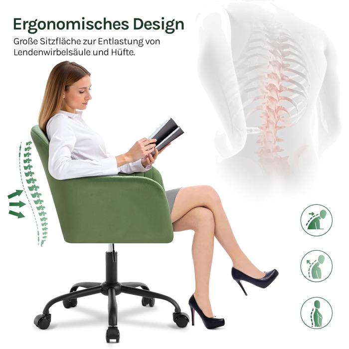 Офісне крісло WOLTU, ергономічне офісне крісло, крісло для домашнього офісу з регульованою висотою, туалетне крісло з підлокітниками, обертове крісло з колесами, оксамитове крісло з металевим каркасом, вантажопідйомність 150 кг, зелене