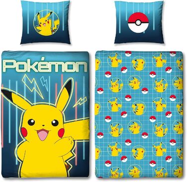 Комплект постільної білизни Pokemon 135x200 80x80 см - Дитяча постільна білизна Pokmon Pikachu з 100 бавовняного лінону - Синя пос