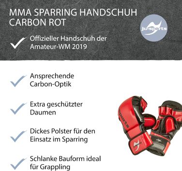 Рукавички для спарингу MMA Ju-Sports Carbon - червоні, PU Рукавички для всіх видів бою/MMA з накладкою на тильній стороні Міцний захист великого пальця та долоні для тренувань