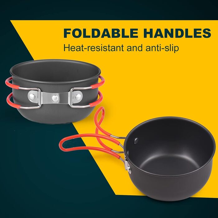 Портативний набір посуду для кемпінгу, алюмінієві каструлі з антипригарним покриттям, нержавіюча сталь, кемпінгова плита, складне начиння, повний комплект посуду для приготування їжі на свіжому повітрі та кемпінгу.