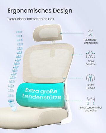 Офісне крісло SONGMICS, стілець для столу, ергономічне сітчасте крісло, з двошаровою сітчастою тканиною, повітропроникне, адаптивна поперекова підтримка, регульований підголівник, для домашнього офісу, пісочно-бежевий OBN041L01 Пісочно-бежевий подвійна сп