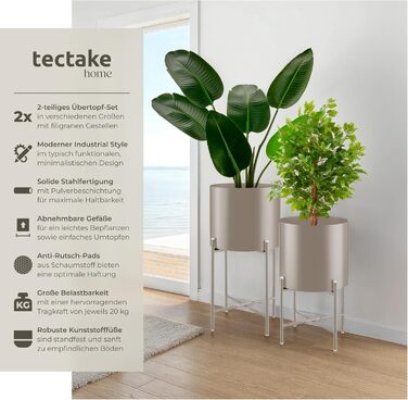 Підставка для рослин tectake, набір із 2 предметів, підставка для квітів, металевий квітковий горщик, знімні кашпо, декоративні квіткові горщики для вітальні, кашпо для використання в приміщенні та на вулиці, квітковий пуф з ніжками та кашпо - сіро-коричн