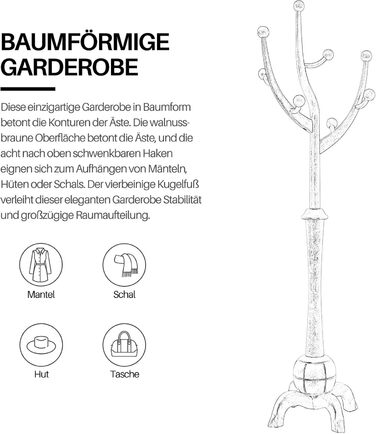 Вішалка для одягу Bekrvio, окремостояча вішалка для одягу з масиву дерева з 8 гачками, деревоподібний дизайн, ялинка зі стійкою кульковою основою, вантажопідйомність до 75 кг, для коридору, вхідної зони, спальня білого кольору 062