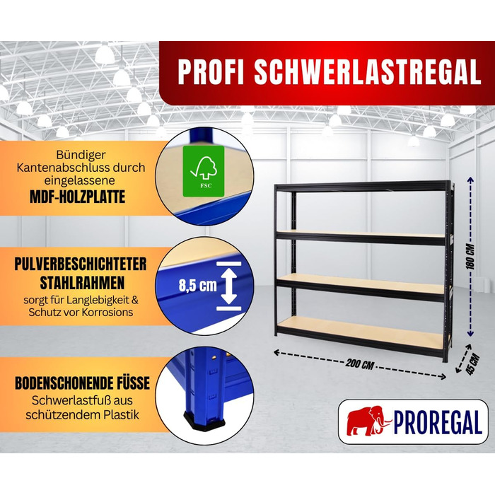 Надміцний стелаж Dino Extra Wide 180x200x45 см, Вантажопідйомність полиці 500 кг, Чорний, Гаражні стелажі, Стелажі для зберігання, Безболтові стелажі, Широкопролітний стелаж 180x200x45 см Чорний Панелі МДФ 6,5 мм