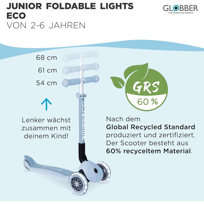 Складаний самокат GLOBBER JUNIOR Foldable Lights ECO Tretroller, 120/80 мм, ABEC 9, 3 колеса, LED-підсвітка, колір Blueberry