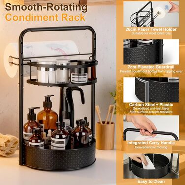 Обертова підставка для спецій Romon, 2-рівнева кухонна полиця з тримачем для паперових рушників, органайзер для спецій з кульковими підшипниками з нержавіючої сталі та протиковзкими ніжками, для кухонних шаф та стільниці, чорна
