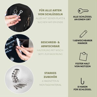 Скринька для ключів Bremermann зі скляною передньою частиною, з можливістю запису, 8 гачків, 6 магнітів, 1 маркер, 1 тримач для маркера, металевий корпус із сірим порошковим покриттям (повністю чорний)
