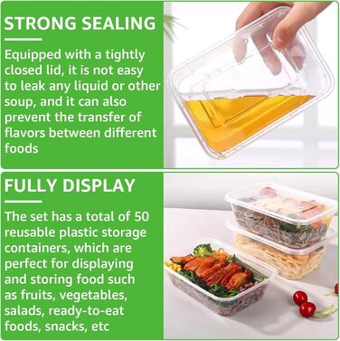 Набір із 50 предметів контейнерів для зберігання харчових продуктів об&39ємом 500 мл з кришками, світлонепроникні пластикові контейнери з кришками без бісфенолу А, пластикові коробки для зберігання овочів та фруктів, 50 предметів - 500 мл