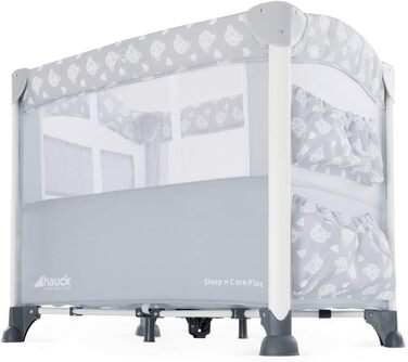 Ліжечко-колиска Hauck Baby Sleep N Care Plus Travel Bed Crib, від народження до 9 кг, з відкидною бічною панеллю, відділенням для зберігання та 2 кишенями, компактно складається, включаючи сумку для перенесення складну основу (Teddy Grey) Sleep N Care Plu
