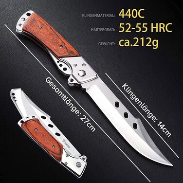Гострий складаний ніж, кишеньковий ніж 14 см з руків'ям з палісандру, довгий дворучний ніж зі сталі 440c, дозволений для носіння,