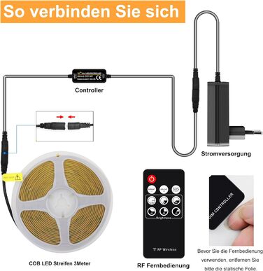 Світлодіодна стрічка AXMOTUT 3 м, світлодіодна стрічка COB 2700K, світлодіодна стрічка 24 В 320 світлодіодів / м, світлодіодна стрічка з можливістю затемнення 3 метри з радіочастотним пультом дистанційного керування та джерелом живлення, CRI90 для прикрас