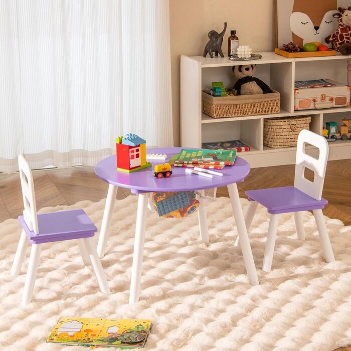 Дитячий стіл DREAMADE з 2 стільцями, 3-предметний дерев&39яний дитячий комплект сидіння зі знімною кришкою та сіткою для зберігання, комплект дитячого столу та стільців, комплект меблів для дитячої кімнати 3-7 років, фіолетовий