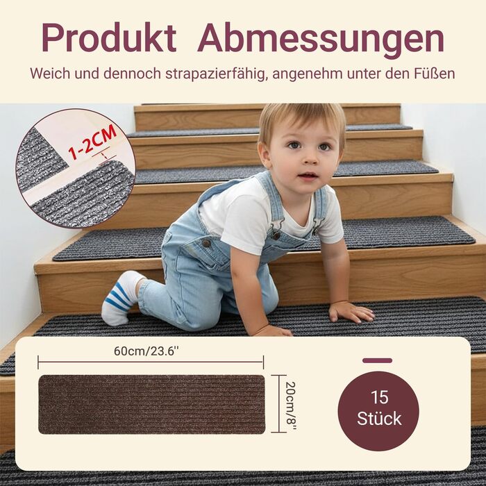 Килимків для сходів, нековзні килимові сходинки, самоклеючі килимки для сходів для приміщень, самоклеючий килимок для сходів, що ріжеться, килимок для сходів для дітей та людей похилого віку (кремовий), 15