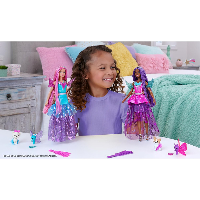 З казковою сукнею, аксесуарами та двома чарівними тваринами, довжиною приблизно 18 см у фіолетовому фантастичному волоссі, для діт