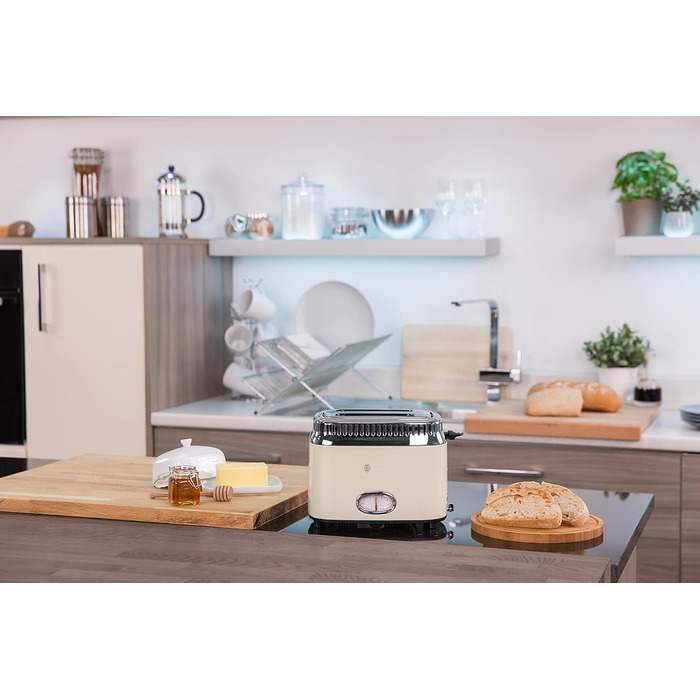 Тостер Russell Hobbs на 2 скибочки ретро з нержавіючої сталі кремовий (дисплей зворотного відліку в ретро-дизайні, в т.ч. решітка