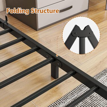 Ліжко 120x200 з рейковою основою, металеве ліжко 120x200 - висота підлоги 16 см, каркас ліжка 120x200, ліжко-платформа з металу, гостьове ліжко, двоспальне ліжко, пружинний блок не потрібен, безшумне, чорний каркас ліжка чорний - низьке ліжко 120 x 200 см