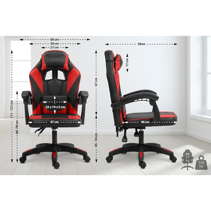 Офісне крісло CLP Orkney Ергономічне ігрове крісло з оббивкою зі штучної шкіри Робоче крісло з регульованою спинкою та підголівником, колір чорний/червоний