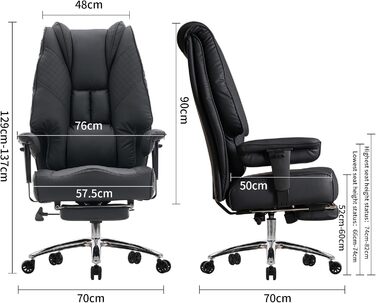 Міцне офісне крісло 180 кг - крісло керівника XXL, ергономічне (велике та високе), пружинний каркас кишенькового типу 14 см (комфорт дивана), робоче крісло зі штучної шкіри, висока спинка для домашнього офісу (чорне) Чорна штучна шкіра