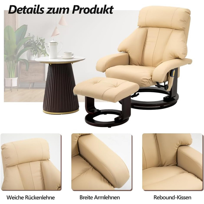 Крісло-реклама Mingone з функцією відкидання, електричне крісло для телевізора з підставкою для ніг, масажне крісло з функцією підігріву, крісло для телевізора для вітальні, поворотне на 360, штучна шкіра, бежевий