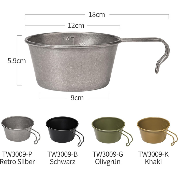 Миска Thous Winds Outdoor Sierra з нержавіючої сталі, 2 чашки Sierra 450 мл, чашка Sierra з підвісною ручкою, портативна, штабельована, легка миска для використання на свіжому повітрі, кемпінгу, походів - хакі