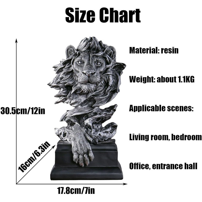 Прикраса вітальні Zyqixluk Статуя лева Сучасна фігурка голови лева, прикраса скульптури зі смоли, статуя голови тварини, фігурка, ремесла, прикраси для дому, офісу, прикраси, подарунок, срібло, срібло, срібло