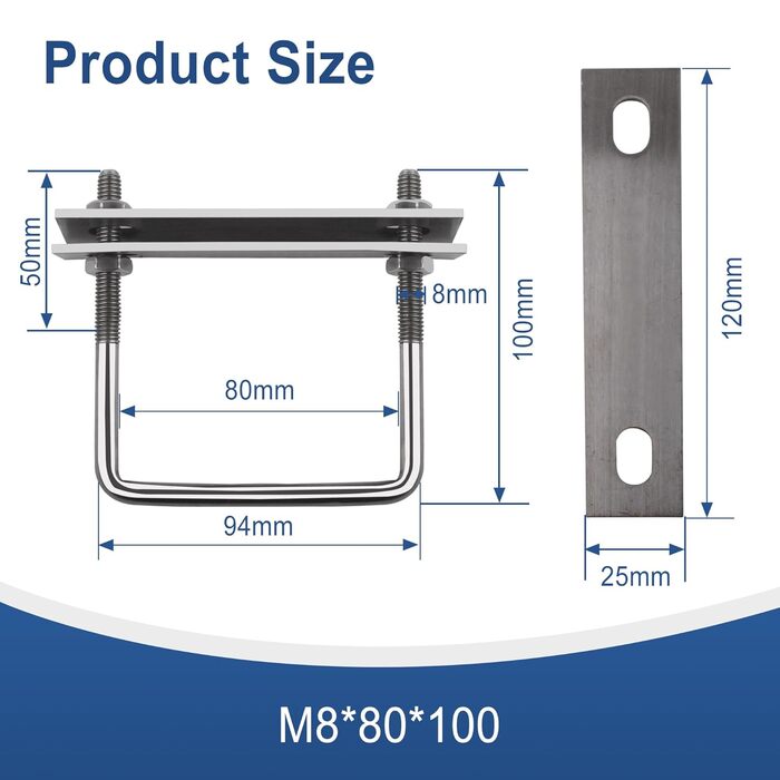 Болт M8, U-подібний різьбовий кронштейн, квадратні болти, затискачі U-болтів, U-болти для саду, автофургонів, DIY, сонячної установки та кріплення (4 шт., M8x80x100 мм)