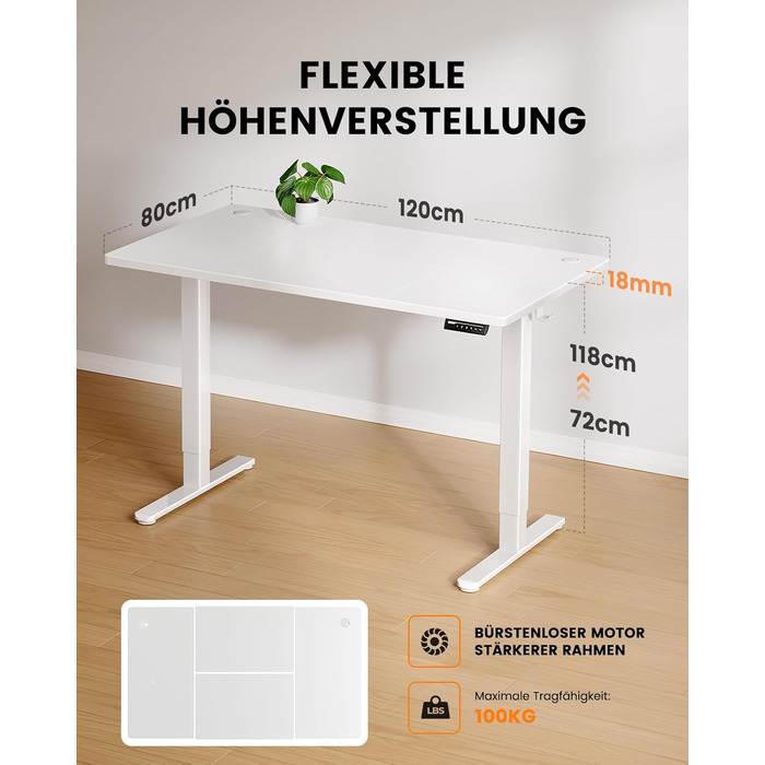 Стіл ErGear з регулюванням висоти - 120 x 80 см, вантажопідйомність 100 кг, електричний стіл з удосконаленим безщітковим двигуном, тиха робота, міцний металевий каркас, чотирисекційна стільниця 120 x 80 см, білий колір