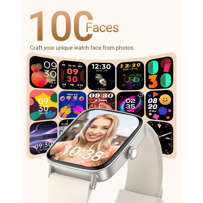 Розумний годинник для чоловіків та жінок з функцією телефону, фітнес-годинник 1,85 дюйма, понад 100 спортивних режимів, фітнес-трекер з моніторингом серцевого ритму/SpO2/сну, крокомір, водонепроникний спортивний годинник IP68 для iOS та Android, бежевий