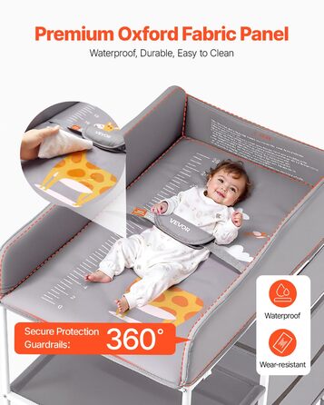 Портативний пеленальний столик VEVOR з 3 висувними шухлядами для тканини та колесами, що замикаються, регульований по висоті багатофункціональний пеленальний столик для немовлят з органайзером для зберігання речей для дитячої кімнати, сірий