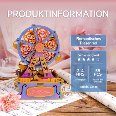 Музична скринька Tonecheer Дерев'яний 3D-пазл, набір моделей для сім'ї котів своїми руками для дорослих, обертова музична шкатулка, дерев'яна головоломка Подарунки для прикраси будинку Подарунок на день народження Різдвяні підлітки (колесо огляду)