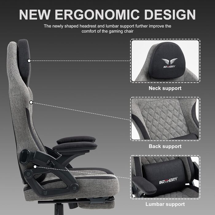 Ігрове крісло, ергономічне гоночне ігрове крісло з регульованим підголівником, робоче крісло з тканинною оббивкою, пружинною подушкою сидіння, з&39єднувальними підлокітниками та підставкою для ніг, функцією гойдання, новим підлокітником 135 - чорне
