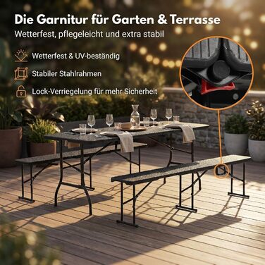 Складаний пивний садовий набір ALBATROS, 3 предмети Міцний розкладний стіл (300 кг) та 2 пивні лавки (500 кг) Комплект пивних столів на 10 осіб Стіл для кемпінгу на вулиці Пивний стіл 182 см Комплект садових меблів