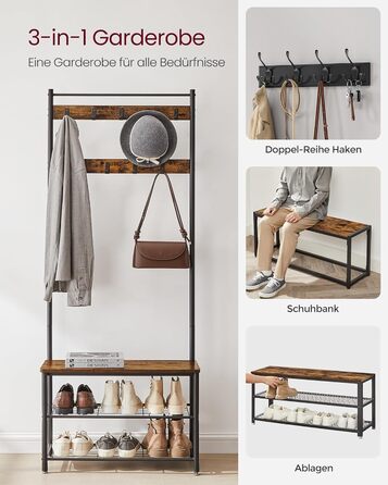 Вішалка для одягу, Вішалка для одягу з полицями для взуття, Вішалка для взуття із сидінням, для передпокою, з гачками, 3 полиці, Метал, Висота 177 см, Промисловий дизайн, Вінтажний коричнево-чорний HSR41BX 70 x 177 см Вінтажний коричневий чорний