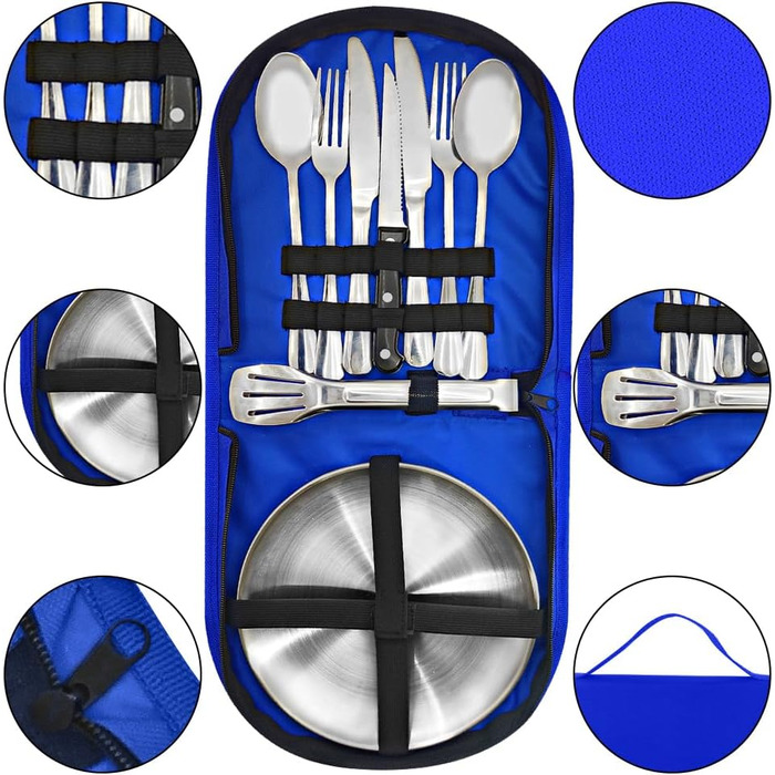 Набір посуду для кемпінгу на 2/4 особи, 11/21 предметів аксесуарів для кемпінгу, набір для пікніка з нержавіючої сталі з відкривачкою для пляшок, ножем для стейку, ложкою, виделкою, ножем та тарілкою для кемпінгу/барбекю/походів, синій