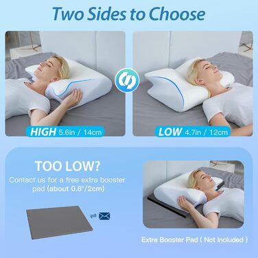 Подушка для шиї HOMCA з піни з ефектом пам&39яті, ергономічна подушка для голови 2 в 1 для сну на спині, боці та животі, 60x40x12/14 см, біла