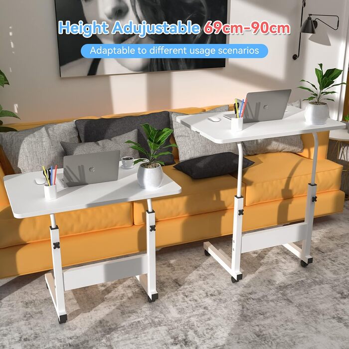 Стіл для ноутбука 60x40 см з колесами, регульована висота 69-90 см, письмовий стіл, комп&39ютерний стіл, мобільний стоячий стіл, столик над ліжком, поворотна стільниця на 360, бічний столик для дивана, білий 60x40 см C-white