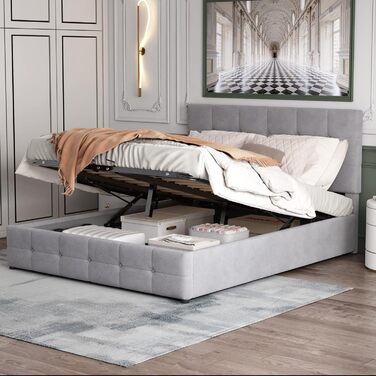 М&39яке ліжко 140x200, двоспальне ліжко з узголів&39ям, ліжко з місцем для зберігання речей, дитяче ліжко з гідравлічним місцем для зберігання речей, функціональне ліжко, гостьове ліжко, каркас ліжка з рейковою основою, без матраца, оксамит (сірий)