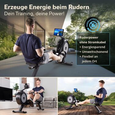 Домашній гребний тренажер Skandika Njord P6-G 32 рівні електричного опору, магнітне гальмо, Bluetooth, світлодіодний дисплей, тихий та низький рівень обслуговування, сумісний із додатком Kinomap, самогенеруючий гребний тренажер, сірий