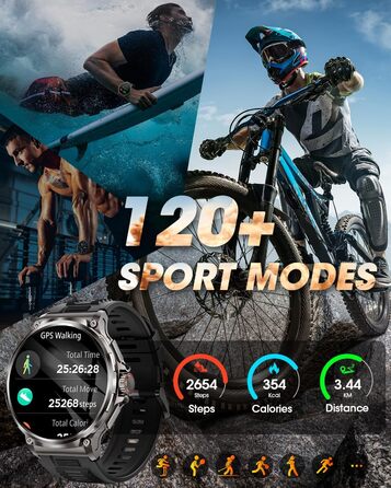Чоловічий військовий смарт-годинник з великим HD-дисплеєм 1,92 дюйма, акумулятором 1000 мАг, фітнес-годинник з понад 120 спортивними режимами, водонепроникністю 5 атм, функцією телефону, пульсометром, монітором сну, спортивним годинником для iOS та Androi