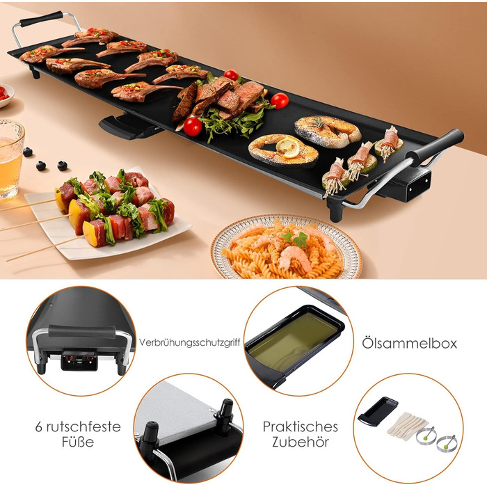 Електрична плита гриль 1800 Вт, електрогриль з антипригарним покриттям, 90 х 23 см, настільний гриль 5 рівнів з регулюванням температури, в т.ч. 6 невеликих дерев'яних скребків і 2 антипригарних кільця, барбекю та вечірки, 4LIFE