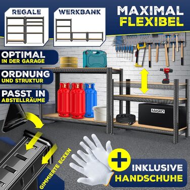 Міцний стелаж MASKO, стелаж для зберігання, підвальний стелаж, 160x160x60 см, вантажопідйомність 1200 кг, 4 регульовані полиці, панелі МДФ, металевий стелаж, стелаж без болтів, стелаж для майстерні, сталевий каркас, гаражний верстак, чорний, 4 полиці