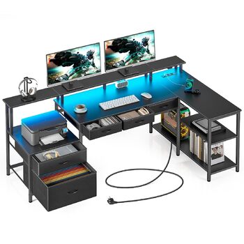 Г-подібний письмовий стіл на сім столів, комп&39ютерний стіл з розеткою, підставкою для світлодіодного освітлення та монітора, кутовий стіл з висувними шухлядами, ідеально підходить для спальні, офісу, вітальні, чорний