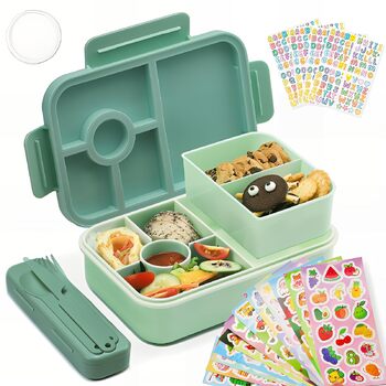 Ланчбокс дитячий Bugucat з роздільниками 1300 мл 16 наклейок, герметичний, з набором столових приборів, для дітей та дорослих, темно-зелений