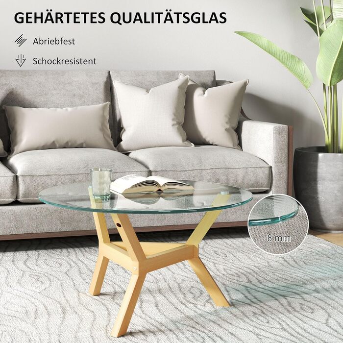 Журнальний столик HOMCOM із загартованого скла, стіл для вітальні з регульованими подушками для ніг та сталевим каркасом, круглий бічний столик для вітальні, прозорий, Ø80 x 45 см