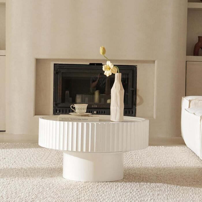 Круглий журнальний столик, круглий стіл для вітальні з ребристим дизайном, журнальний столик у формі гриба розміром 7038 см, журнальний столик з білої сосни для вітальні, спальні та балкону (білий)